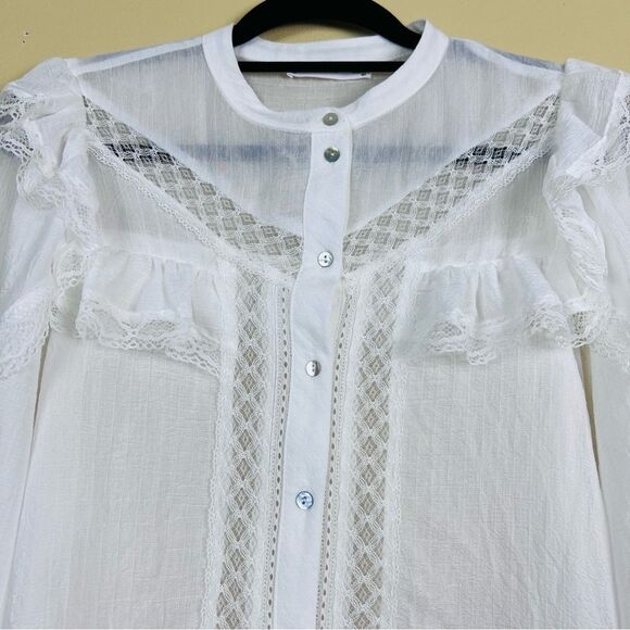 MNG MANGO Blouse Top White Ruffle Lace Size L - Picture 5 of 10